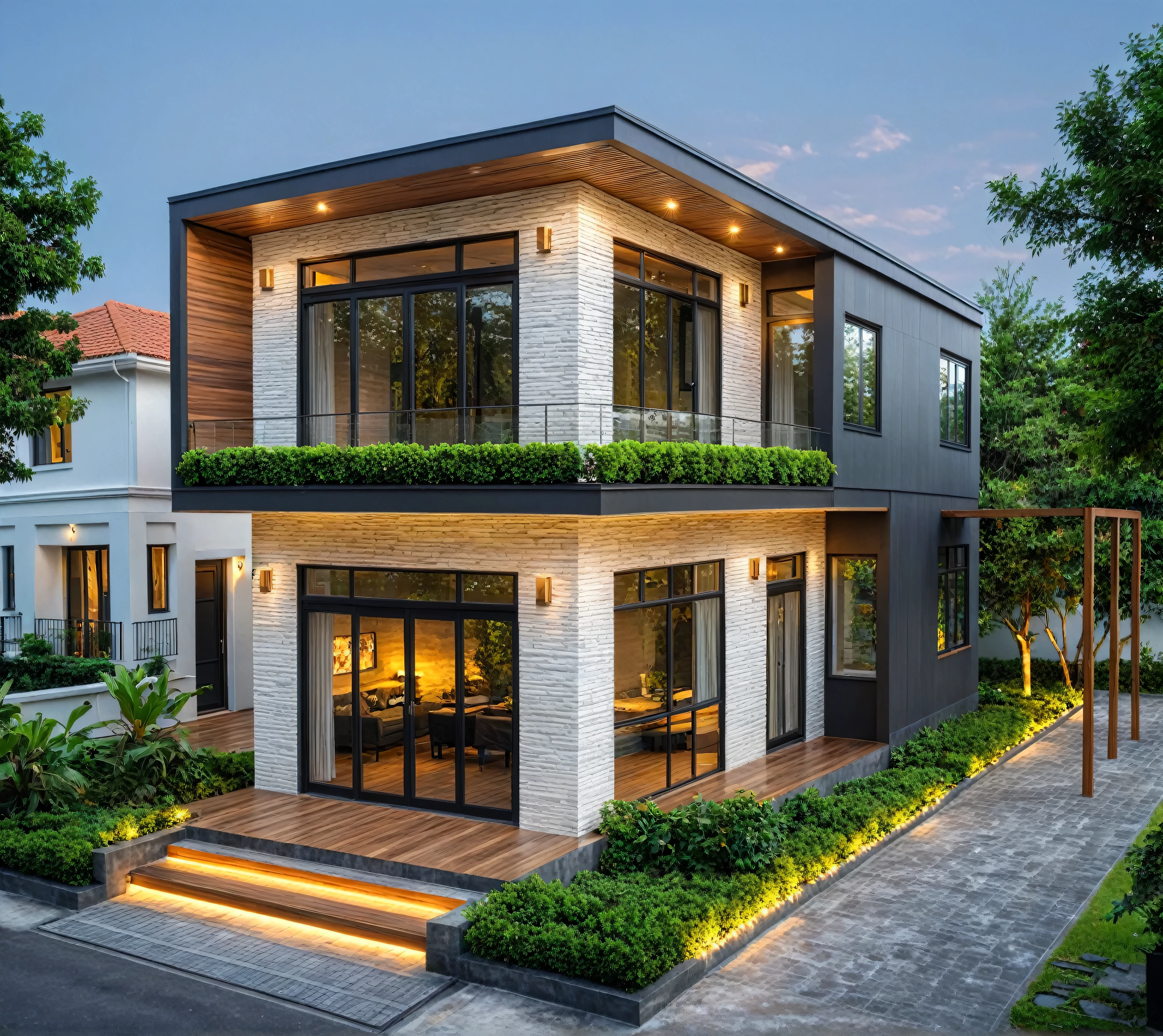 modern villa on street, (Nighttime ambiance, warm lighting, twinkling lights, Milky Way, starry sky:1.4), night sky, wooden ceiling, black wall, tropical tree, green shrub and plants streetcapes, minimalist desig, brigth grey tone, large glass door, warm interior lighting, modern material, best quality, ultra realistic, masterpiece,