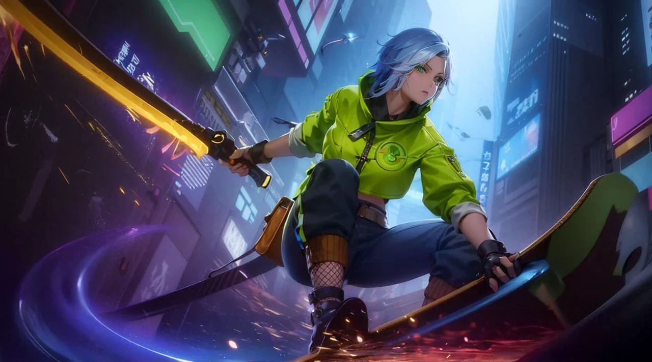 Girl with short green hair, Medium chest, Green eyes, wearing black casual clothes、Beautie、Mature、(tits out)