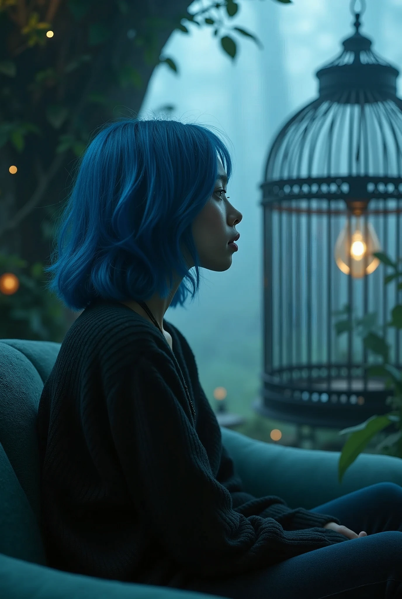 Close up to the lips mage of a shoulder length blue hair beautiful girl sitting on the sofa inside the bird cage, forests of clocks interspersed with forests of thorns, dark, gloomy, mysterious but full of magic, shimmeringly beautiful, in the distance there is a giant birdcage surrounded by climbing black roses, , cinematic color, 16K, UHD, K-Pop Style