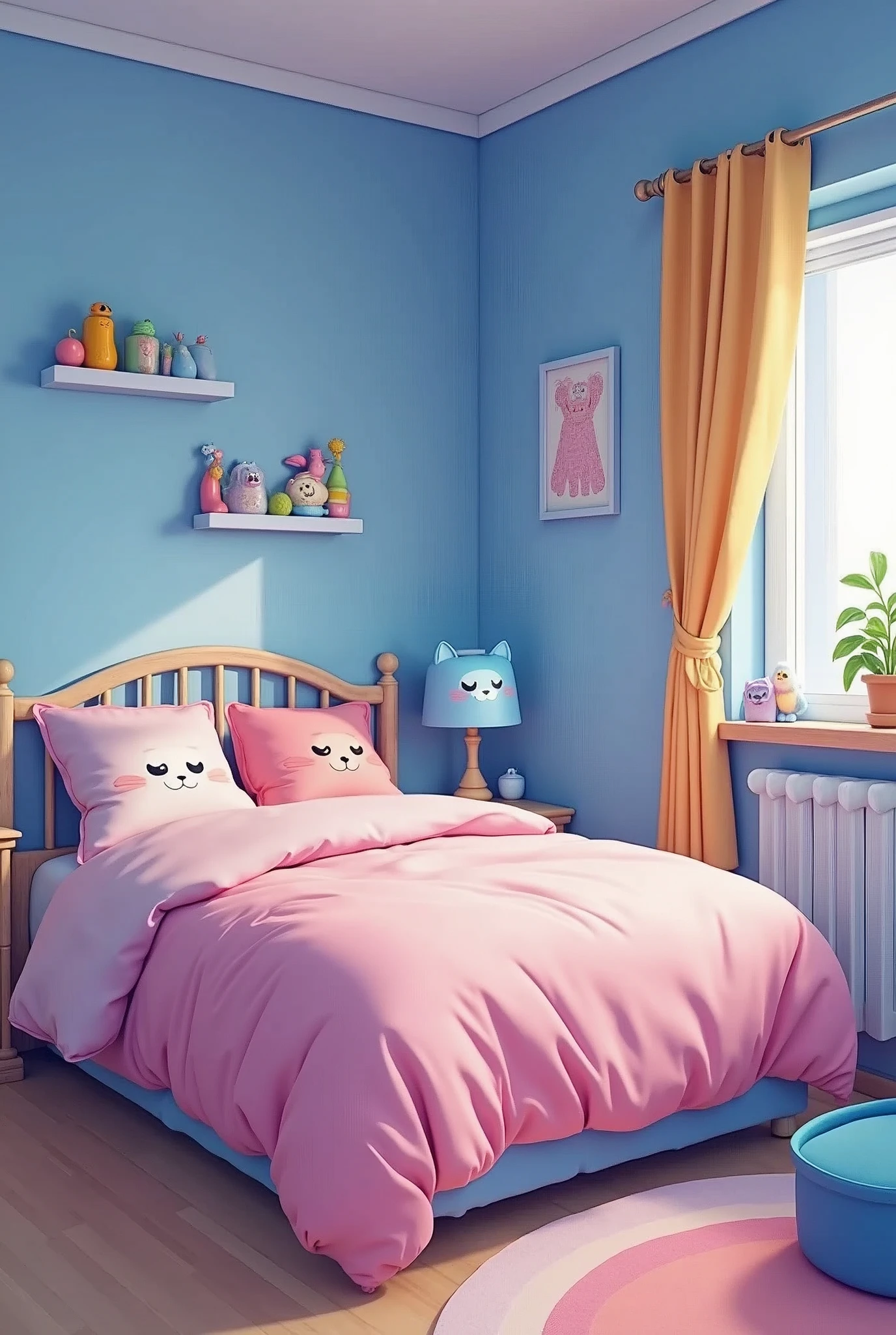 One bedroom,Blue wall,Pink Bed,There is also a blue cat cartoon lamp