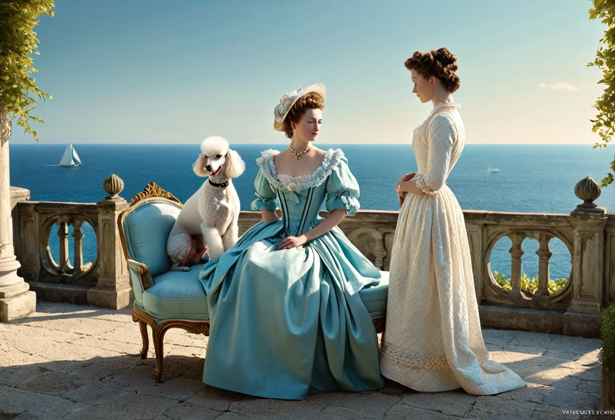 The image of two ladies in 18th century dresses on a viewpoint by the sea, one lady standing by the fence, the other lady sitting on a chaise lounge, a white poodle lying at their feet, by Vittorio Matteo Corcos, masterpiece, best quality, (extremely detailed CG unity 8k wallpaper), (best quality), (best illustration), (best shadow), absurdres, realistic lighting, (Abyss), beautiful detailed glow, art by Peter Mohr Bacher,