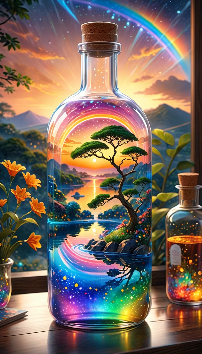 (masterpiece, Highest quality, Very detailed:1.2, Realistic, super photoRealistic, Realistic illustration, 8k), Professional Color Grading, Sharp focus, Professional Lighting, Depth of written boundary, ((landscape)), ((Science fiction movies)), ((Concept Art)) Bottle close-up, A rainbow-coloured world in a bottle、The colors of the flowers sparkle、afternoon, waterfall, Big tree, Starry Night, sunset, City in a glass bottle, filling glass bottle with the sparkling Starry Night and city, filling glass bottle with the sunset view, Many glass bottles on the shelf, The shelves are kept in the house, 16K, Ultra-high resolution, Ultra-high resolution, to be born,wonderful ,future、Iridescent、The world 30 years from now。