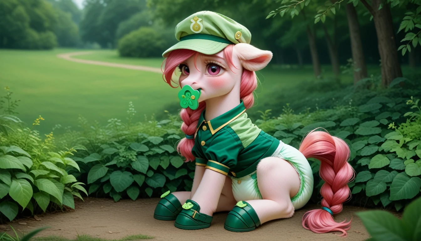 pony, бежевая земная pony, no horn, no wings, adult filly, lush mane braided, bushy tail, sitting outside, dressed in a vest, cap and booties, pacifier in mouth, solo, thick diaper under clothes, bulge on the back of the diaper, between the hind hooves and on the front of the diaper, saggy diaper.