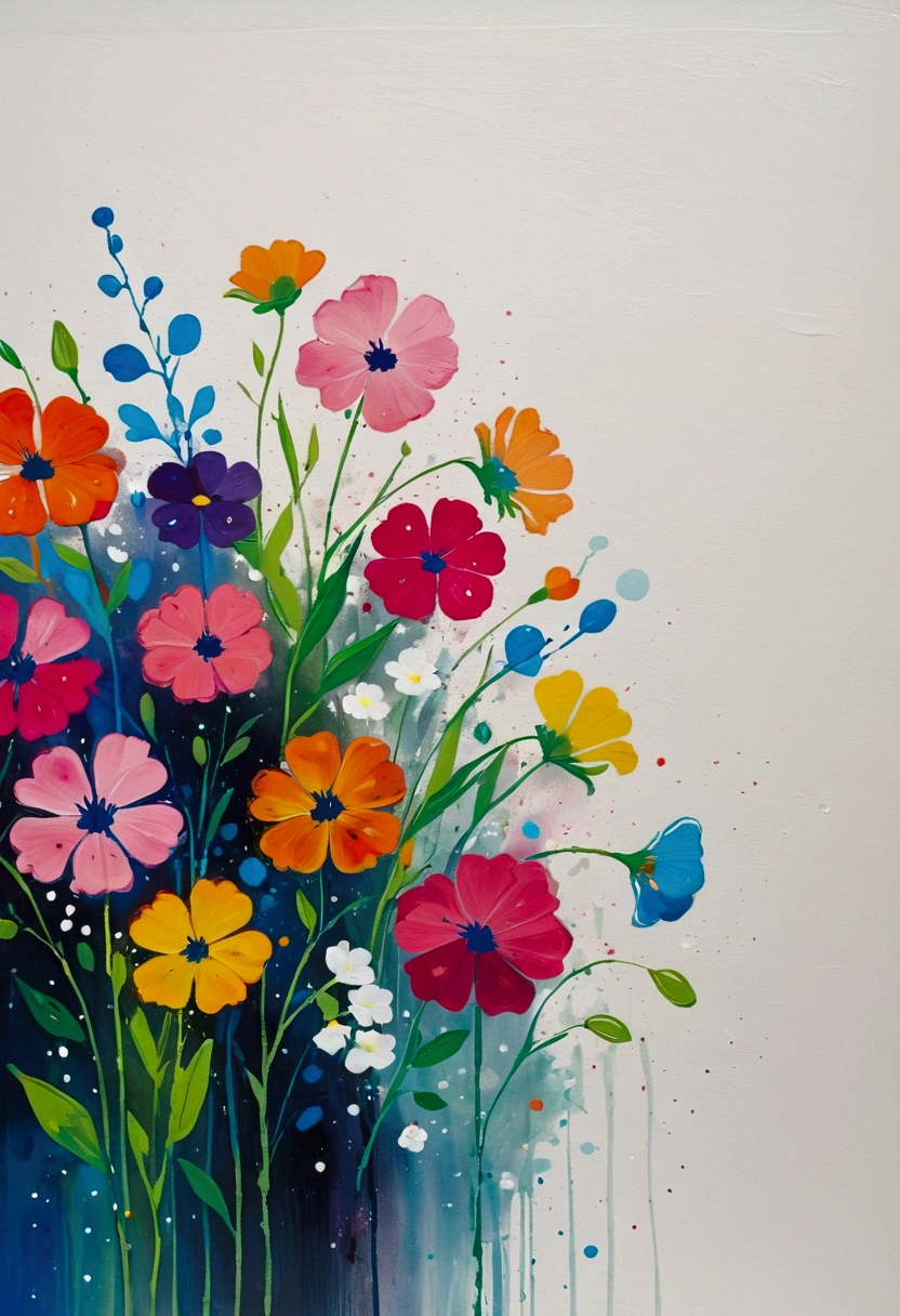 Fluid smudge painting,Dot,Colorful flowers,Minimalism,Inspired by the coronavirus。(((Negative Space,Large area of blank, Bottom left corner composition))).Hot,Art work