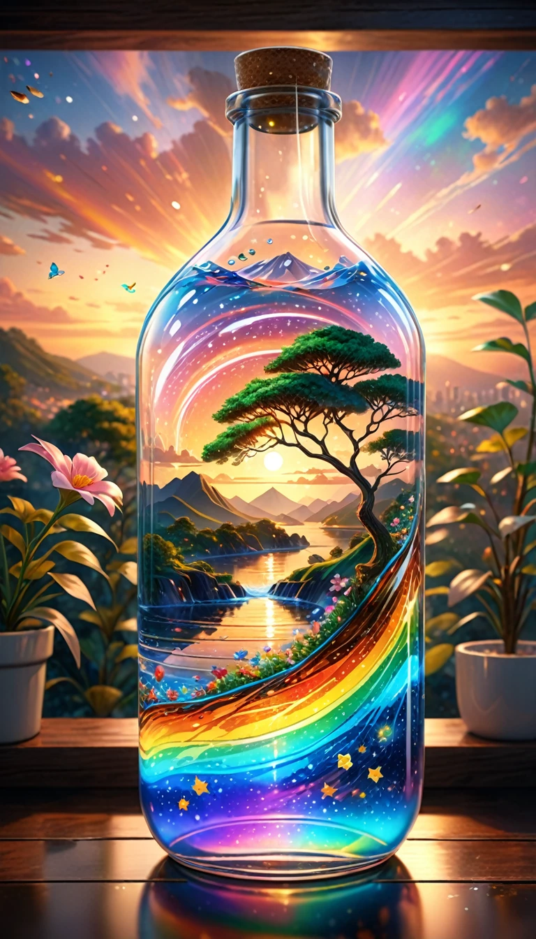 (masterpiece, Highest quality, Very detailed:1.2, Realistic, super photoRealistic, Realistic illustration, 8k), Professional Color Grading, Sharp focus, Professional Lighting, Depth of written boundary, ((landscape)), ((Science fiction movies)), ((Concept Art)) Bottle close-up, A rainbow-coloured world in a bottle、The colors of the flowers sparkle、afternoon, waterfall, Big tree, Starry Night, sunset, City in a glass bottle, filling glass bottle with the sparkling Starry Night and city, filling glass bottle with the sunset view, Many glass bottles on the shelf, The shelves are kept in the house, 16K, Ultra-high resolution, Ultra-high resolution, to be born,wonderful ,future、Iridescent、The world 30 years from now。