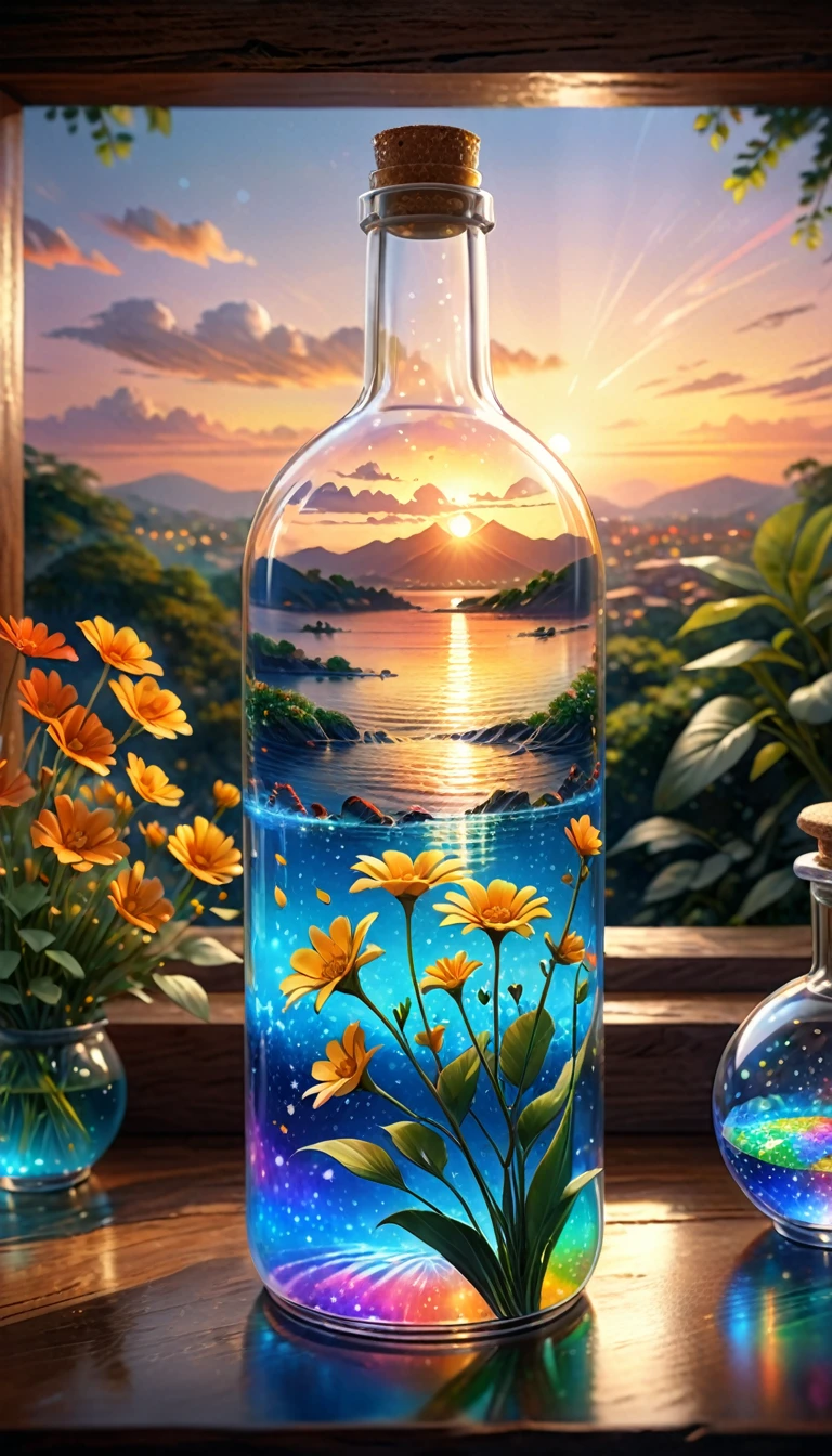 (masterpiece, Highest quality, Very detailed:1.2, Realistic, super photoRealistic, Realistic illustration, 8k), Professional Color Grading, Sharp focus, Professional Lighting, Depth of written boundary, ((landscape)), ((Science fiction movies)), ((Concept Art)) Bottle close-up, A rainbow-coloured world in a bottle、The colors of the flowers sparkle、afternoon, waterfall, Big tree, Starry Night, sunset, City in a glass bottle, filling glass bottle with the sparkling Starry Night and city, filling glass bottle with the sunset view, Many glass bottles on the shelf, The shelves are kept in the house, 16K, Ultra-high resolution, Ultra-high resolution, to be born,wonderful ,future、Iridescent、The world 30 years from now。