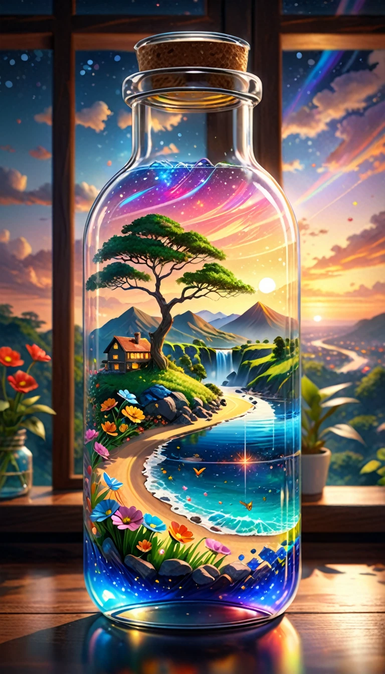 (masterpiece, Highest quality, Very detailed:1.2, Realistic, super photoRealistic, Realistic illustration, 8k), Professional Color Grading, Sharp focus, Professional Lighting, Depth of written boundary, ((landscape)), ((Science fiction movies)), ((Concept Art)) Bottle close-up, A rainbow-coloured world in a bottle、The colors of the flowers sparkle、afternoon, waterfall, Big tree, Starry Night, sunset, City in a glass bottle, filling glass bottle with the sparkling Starry Night and city, filling glass bottle with the sunset view, Many glass bottles on the shelf, The shelves are kept in the house, 16K, Ultra-high resolution, Ultra-high resolution, to be born,wonderful ,future、Iridescent、The world 30 years from now。