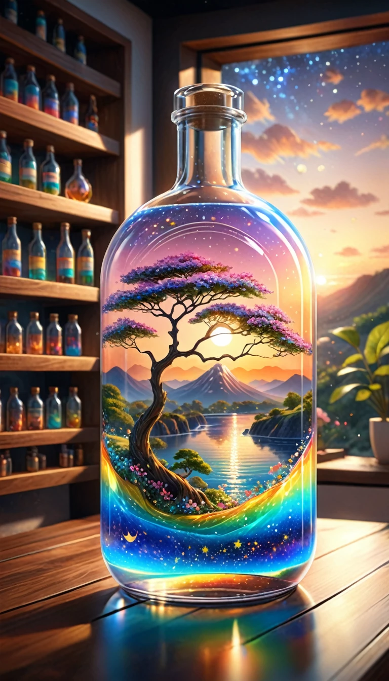 (masterpiece, Highest quality, Very detailed:1.2, Realistic, super photoRealistic, Realistic illustration, 8k), Professional Color Grading, Sharp focus, Professional Lighting, Depth of written boundary, ((landscape)), ((Science fiction movies)), ((Concept Art)) Bottle close-up, A rainbow-coloured world in a bottle、The colors of the flowers sparkle、afternoon, waterfall, Big tree, Starry Night, sunset, City in a glass bottle, filling glass bottle with the sparkling Starry Night and city, filling glass bottle with the sunset view, Many glass bottles on the shelf, The shelves are kept in the house, 16K, Ultra-high resolution, Ultra-high resolution, to be born,wonderful ,future、Iridescent、The world 30 years from now。