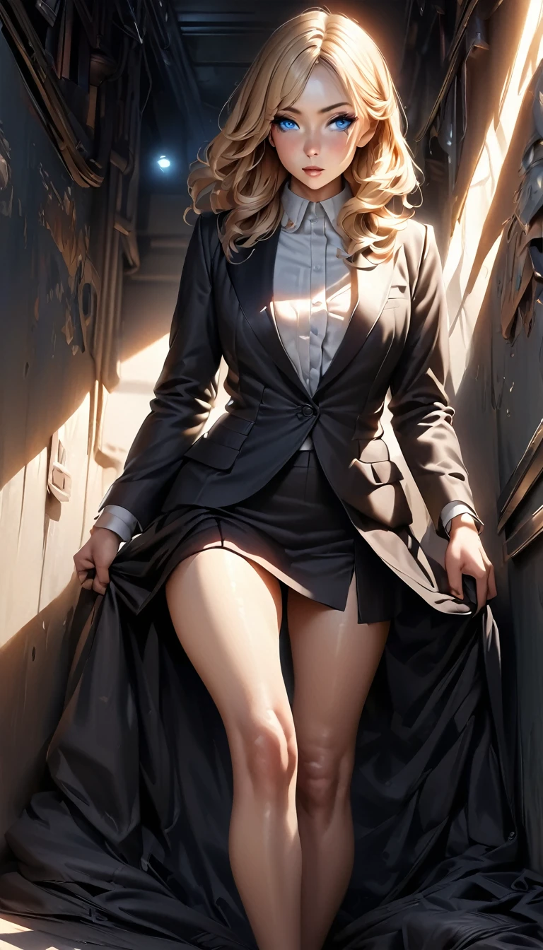 Highest quality, masterpiece, Ultra-high resolution, (Realistic:1.4), RAW Photos, One girl, Blonde, blue eyes, Detailed eyes and face, Black suit, Dynamic Lighting, In the Dark, Deep Shadow, Modest, Full body shot of a cowboy
