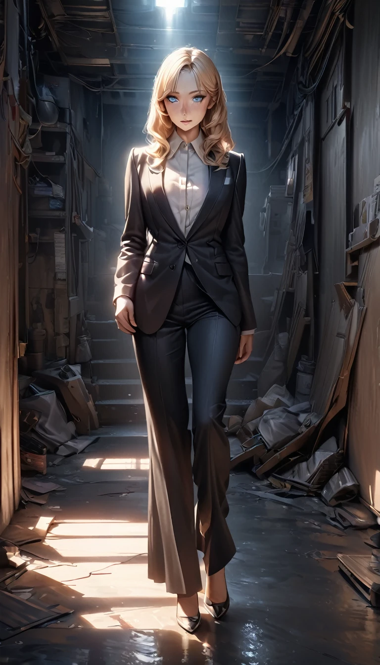 Highest quality, masterpiece, Ultra-high resolution, (Realistic:1.4), RAW Photos, One girl, Blonde, blue eyes, Detailed eyes and face, Black suit, Dynamic Lighting, In the Dark, Deep Shadow, Modest, Full body shot of a cowboy