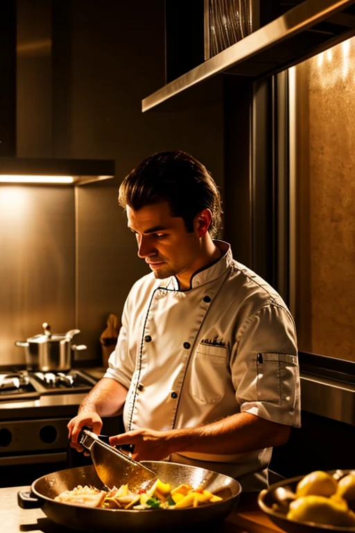 a chef cooking in a cozy kitchen, detailed face, beautiful eyes, high quality, photorealistic, cinematic lighting, warm color palette, intricate details, seamless composition, masterpiece