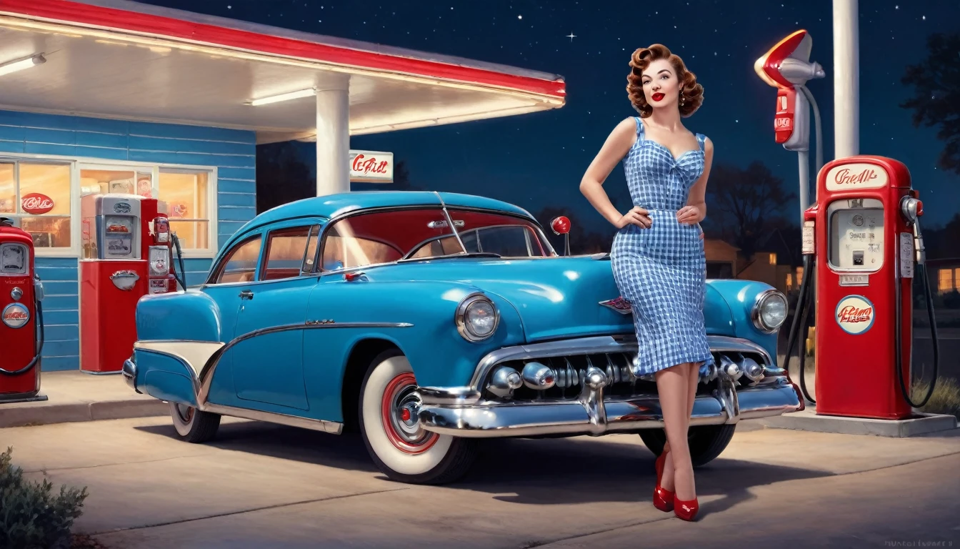 A beautiful young woman with vintage 1950s style pinup stands confidently in front of a classic blue car at a retro gas station. She wears a form-fitting, blue gingham dress that accentuates her figure, complemented by red lipstick and elegant, curled brown hair. The gas station has a nostalgic feel, with red and white accents and a classic gas pump. The night sky above is clear, adding a serene ambiance to the scene. The overall mood is nostalgic and glamorous, capturing the essence of mid-20th-century Americana. perfect face, Ultra realistic photo, vibrant colors, 16k