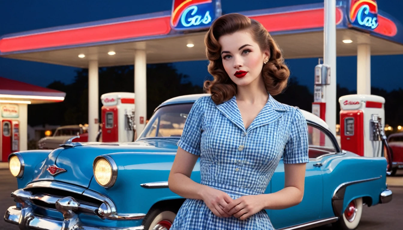 A beautiful young woman with vintage 1950s style pinup stands confidently in front of a classic blue car at a retro gas station. She wears a form-fitting, blue gingham dress that accentuates her figure, complemented by red lipstick and elegant, curled brown hair. The gas station has a nostalgic feel, with red and white accents and a classic gas pump. The night sky above is clear, adding a serene ambiance to the scene. The overall mood is nostalgic and glamorous, capturing the essence of mid-20th-century Americana. perfect face, Ultra realistic photo, vibrant colors, 16k