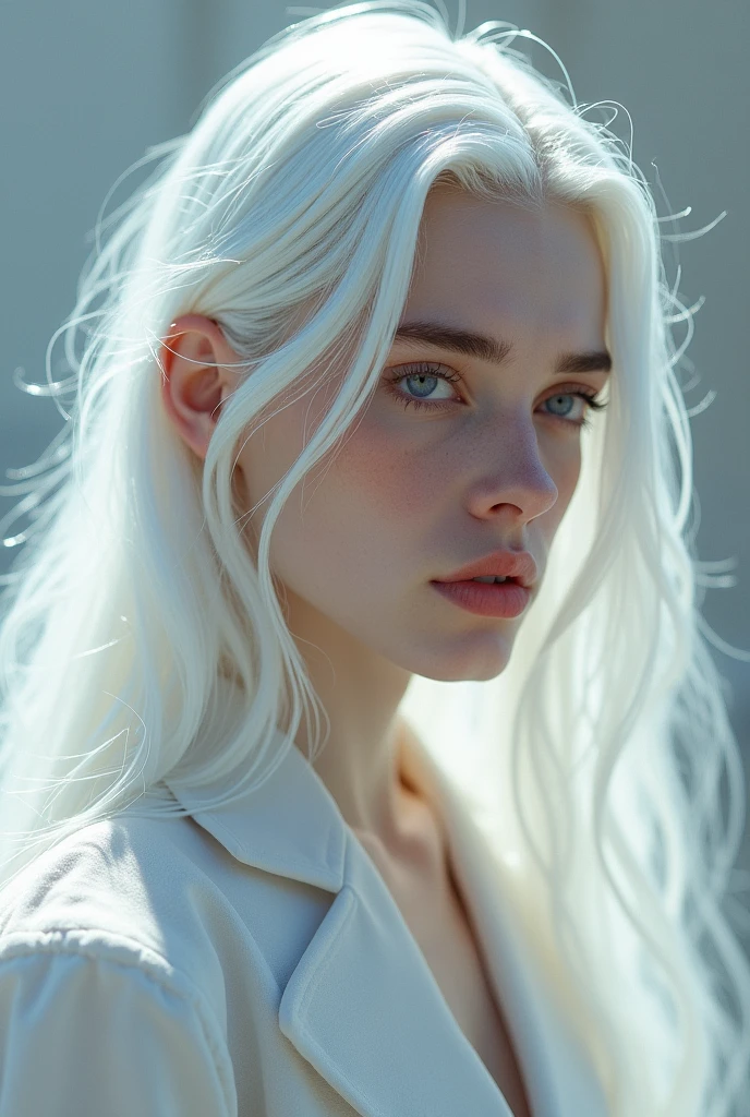 Create a beautiful model, long white hair, white eyelashes and eyebrows, purple eyes, age 20 years, French or European nationality. Make him look ahead.