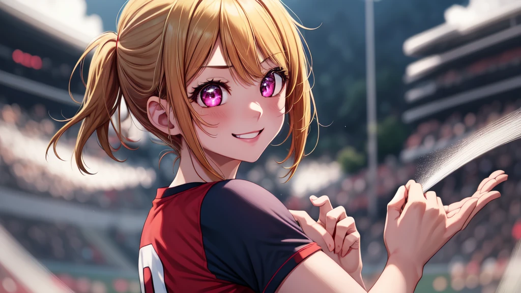 anime, Beautiful Face, Highly detailed face, two exact legs, Pink fine eyes, Highly detailed background, Perfect lighting, Accurate weapons, Accurate hands, Accurate Fingers, Blonde, whole body, One girl, alone, Ruby Hoshino, oshi no ko, The absurdity of the outdoors, High resolution, Super sharp, 8k, masterpiece, look at the other person, (whole body:1.4), Teasing Smile, Tight football T-shirt, Tight sports shorts, 誰かとsoccerをする, Cleavage, on a soccer pitch, soccer