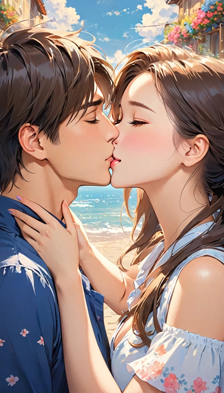 realisticlying，Two 18-year-old boys kiss、.The pubic areas are in close contact with each other，shirrless, kissing lips, closing eyes, selfee、Sea bread，T-shirt wearing、the beach，selfee，Face Real，Face Zoom，Face realistic、Bulging pubic bone，kiss