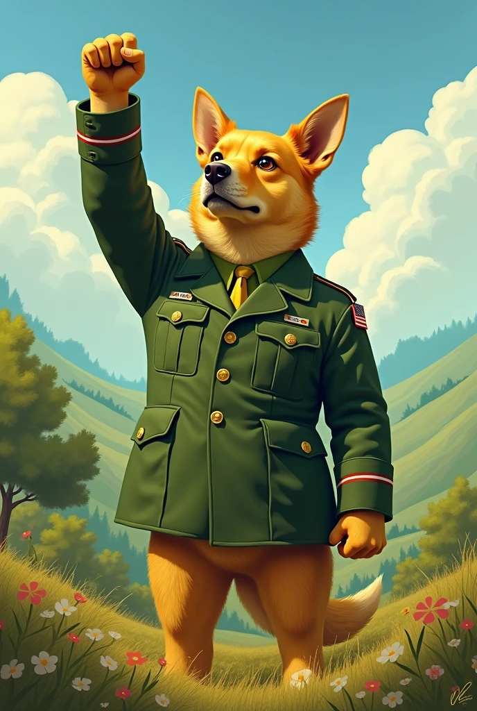 Yellow dog in a green military uniform with his fist in the air