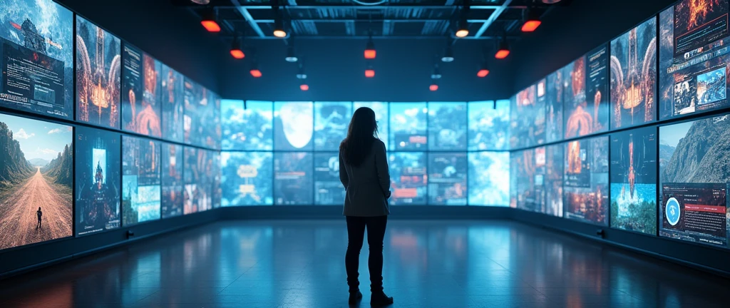 a person standing in front of a vast array of high-resolution screens, each showcasing diverse digital content from video game visuals to social media feeds, the room is sleek and futuristic, brimming with advanced technology, conveying a sense of awe and immersion in digital culture, the atmosphere is dynamic and vibrant, with a buzzing energy that reflects the intensity of modern media, lighting is bright and multi-directional, highlighting the screens and casting subtle reflections on the person’s face,