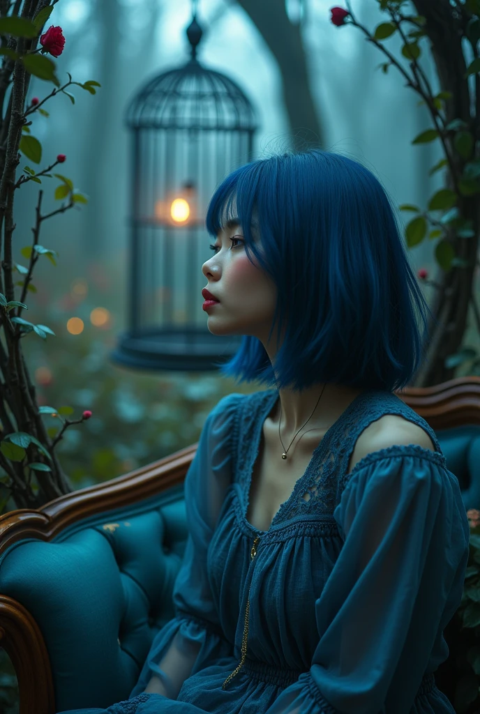 Close up to the lips mage of a shoulder length blue hair beautiful girl sitting on the sofa inside the bird cage, forests of clocks interspersed with forests of thorns, dark, gloomy, mysterious but full of magic, shimmeringly beautiful, in the distance there is a giant birdcage surrounded by climbing black roses, , cinematic color, 16K, UHD, K-Pop Style
