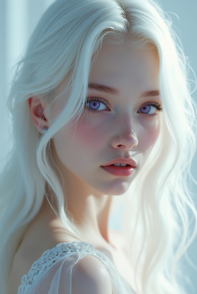 Create a beautiful model, long white hair, white eyelashes and eyebrows, purple eyes, age 20 years, French or European nationality. Make him look ahead.
