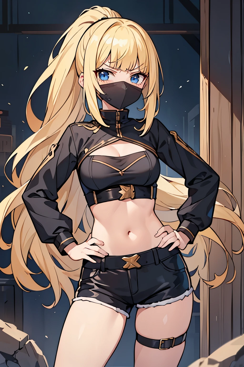 Young adult girl, best quality, 1 girl, female figure, yellow hair, blunt bangs, extra long hair, crystal blue eyes, golden blonde hair, cowboy shot, voluminous hair, wavy hair, cute girl, (medium small breasts), (young female body: 1.4), assassin, black assissin clothes, shirts, garter, tights, one hand on hip, basement cellar, ponytail, black shorts, tight shorts, cropped top, long sleeves, assassins mask, holding a dagger, waist band, exposed midriff, cleavage cutout, 