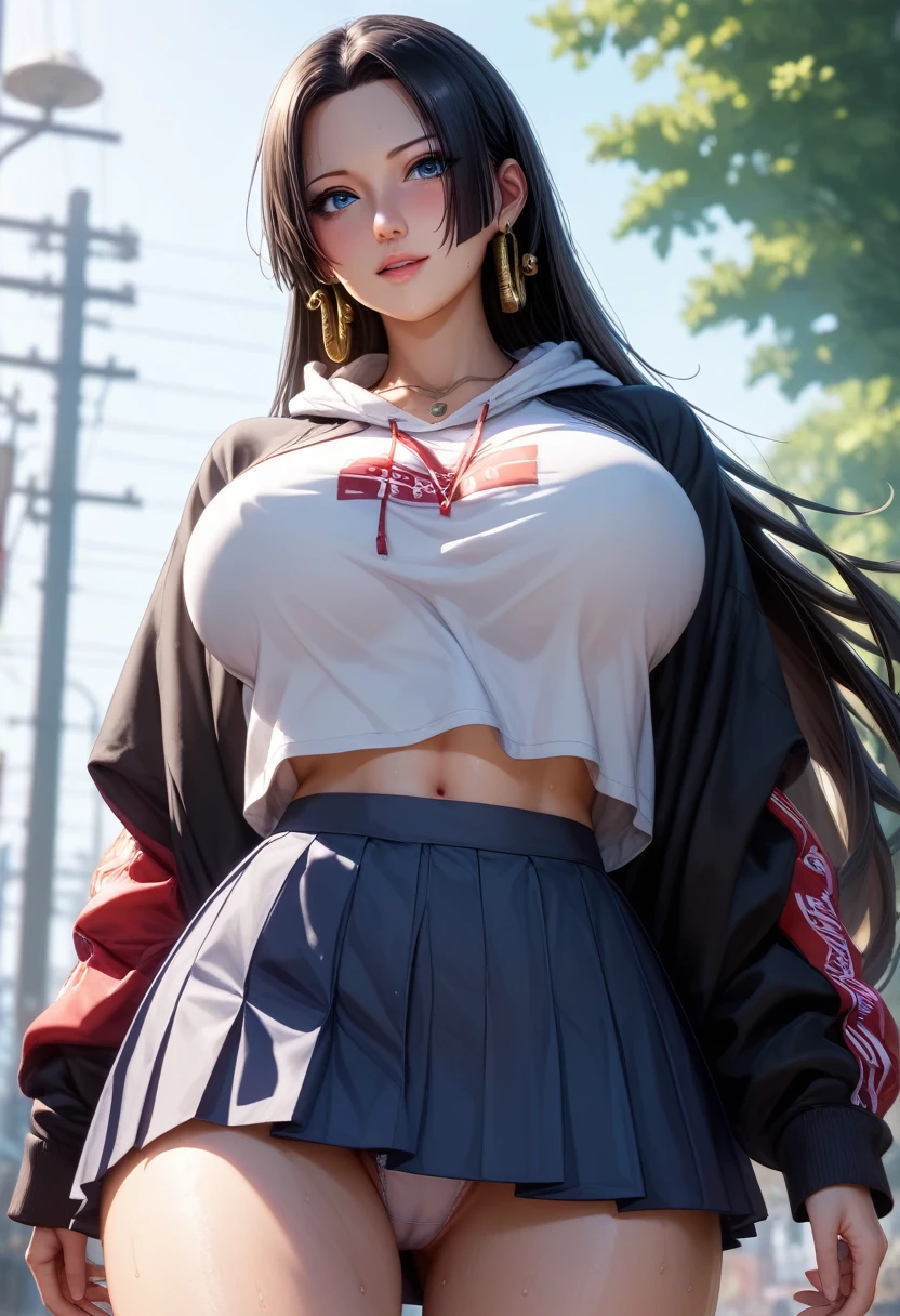 （（（完美shape，shape，alone， （（（hooded hoodie、Red ribbon army logo、mini skirt、necklace、Snake piercing,））），（（（sauce_anime, Boa Hancock, Black Hair, blue eyes, Long Hair,Twin tail hair、 amount, Large Breasts））），（（masterpiece））、High resolution。 （（Best quality at best）），masterpiece，quality，Best quality，（（（Perfect looks、Detailed face、Detailed eyes、Exquisite facial features，Looking at the audience,There is light in the eyes，（（（anger，Severe、shame、Sweating profusely））），））），型shape:1.7））），（（（Cinematic lighting、Light and shadow，Huge breasts））），（（（Low - Angle，Best Shot、The background is a park、（（（jogging:1.1）））、）））、nsfw、White string panties
