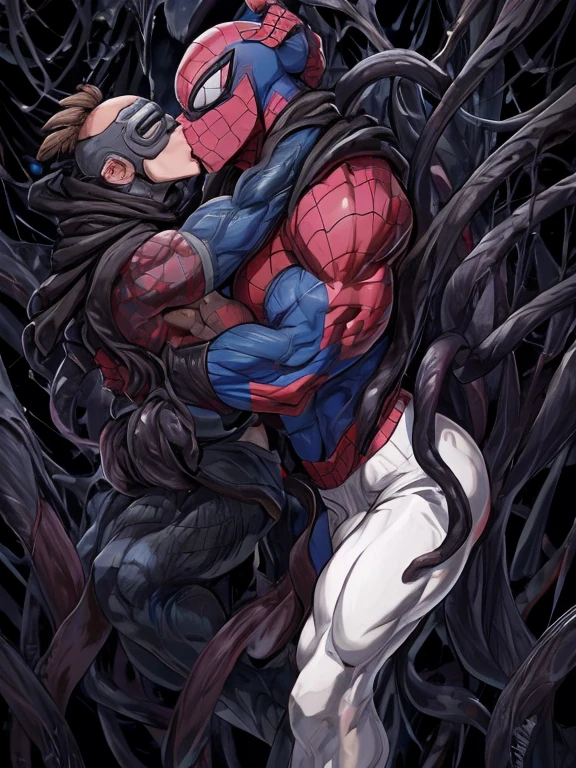 anime characters：priapus, He was kissed by black venom, He is wrapped in black tentacles, bundle, Wrapped in mucus, Affectionate embraces, Crazy kissing, Touching wantonly, Muscular Spider-Man, male focus, Upper body, Buzz Cut, aged leather texture, He wears a White tights, small grid texture, spiderman mask, Spider-Man logo, muscular male, Extra large breasts, only, alone, Black background, simple background, amazing quality, best aesthetics, Ridiculous, crew cut, drop shadow, best quality