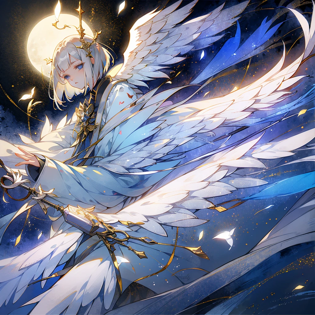 Silver Hair Bob Cut、White heart-shaped sunglasses、White Wings、White long coat、Gold embroidery、Staff of Light Wings、Angel Halo、full moon、masterpiece, blue eyes、juvenile