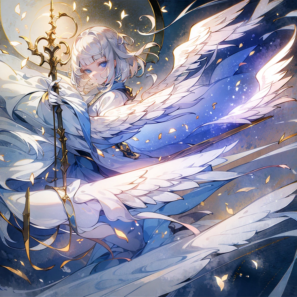 Silver Hair Bob Cut、White heart-shaped sunglasses、White Wings、White long coat、Gold embroidery、Staff of Light Wings、Angel Halo、full moon、masterpiece, blue eyes、juvenile