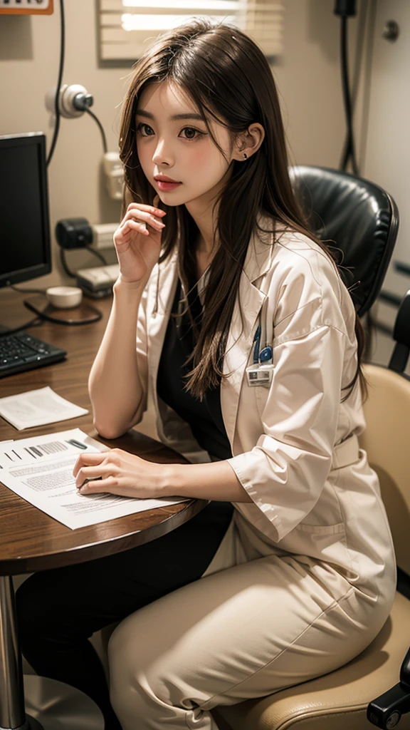 High-tech medical room,Beautiful and charming,A Japanese fox girl,long hair shawl,Doctor's attire,Hearing aid,Sitting at the table,Reviewing the resume