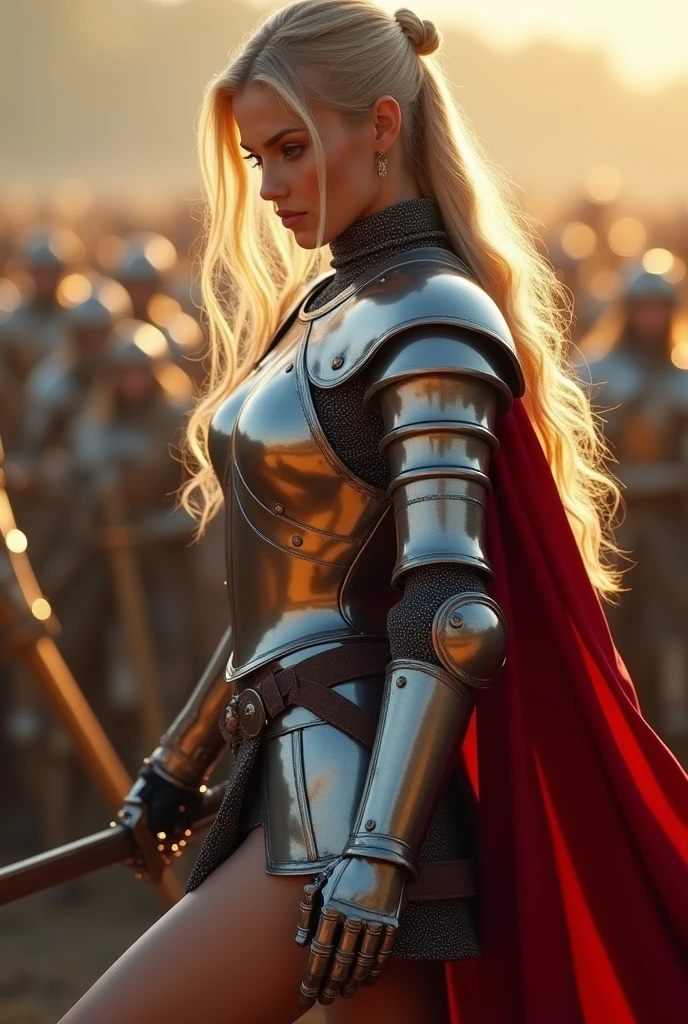 A movie poster depicting a female knight wielding a sword on a battlefield, ((masterpiece, top quality, high resolution, highly detailed CG unified 8K wallpaper)), (huge stunning goddess shot, very hot and sexy, jaw dropping beauty, perfect proportions, beautiful body, slim body beauty:1.3), (A medieval female knight in luminous armor:1.5), (Her long blond hair is tied back, Wearing armor on bare skin, red cape on back, harnessed in finely crafted, detailed armor, with a sword hanging from a thick belt:1.5), Visible thighs, view from above, female knight, elf ears, cleavage, thigh, short skirt, sexy