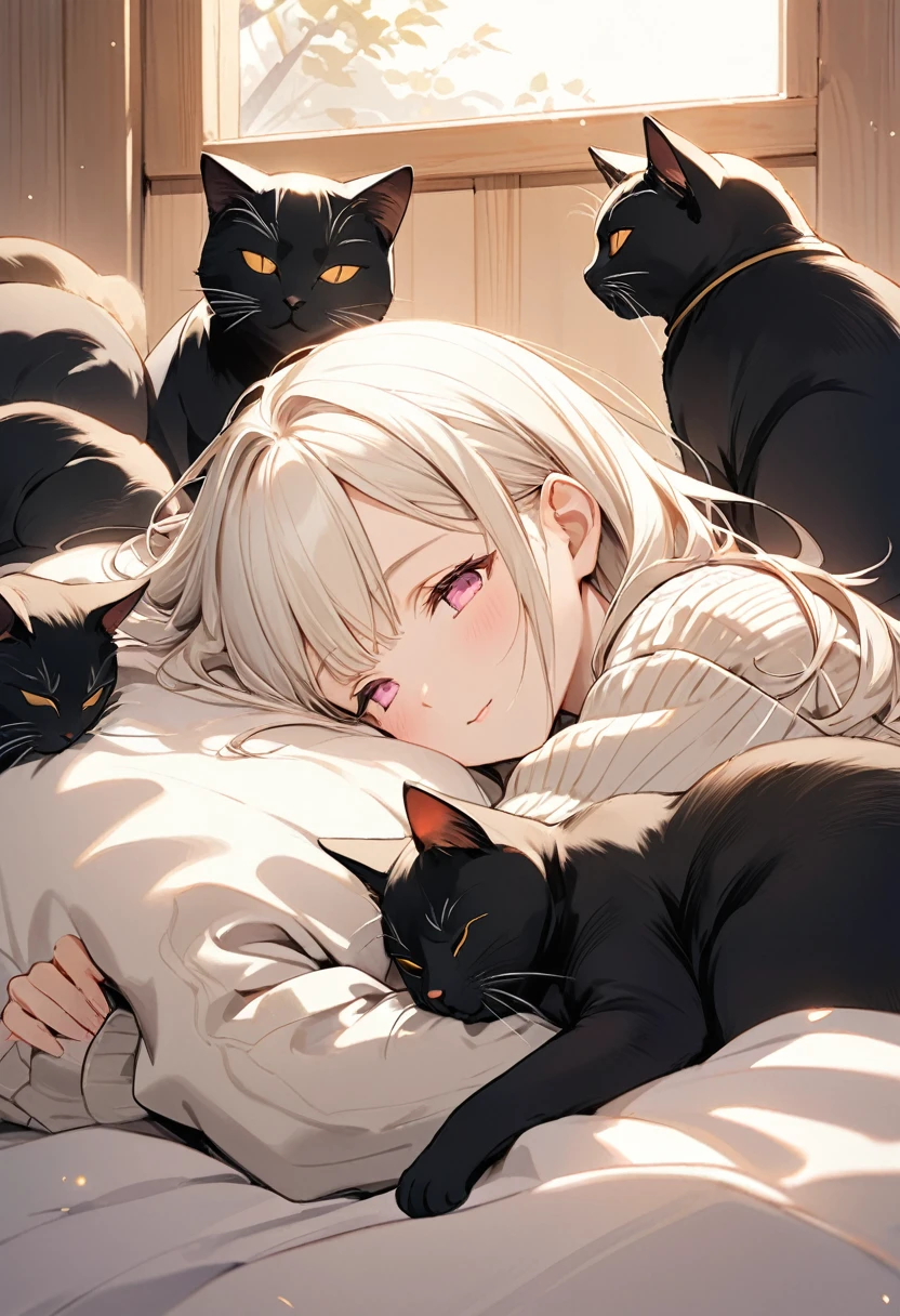 A young girl with a Japanese manga-style body. She has golden white hair, pink eyes, and a good figure. She is wearing a backless sweater and sleeping with several large white and black cats. The atmosphere is bright and cheerful.