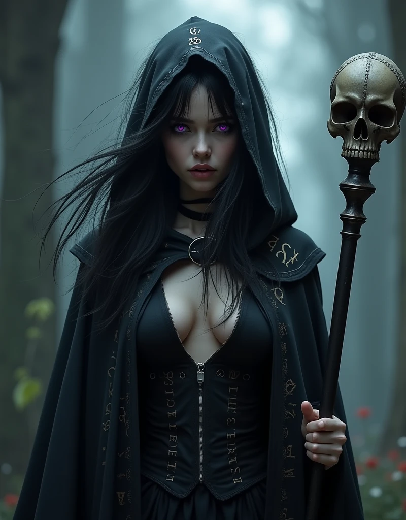 4K gothic style quality, digital drawing mode, dark fantasy-themed gothic female character, raven black hair with ghostly white highlights, haunted violet eyes, wearing only a dark cloak with ancient runes, holding a staff with a skull, Blur the background to create a three-dimensional effect, atmosphere, standing in the shadowy underworld redeeming her dark magic, radiant skin, flowing hair, glossy lips, sorrowful eyes, full body, dynamic pose, life size, perfect anatomy, detailed skin texture, full HD, 4K, HDR, perfect anatomy, depth of field