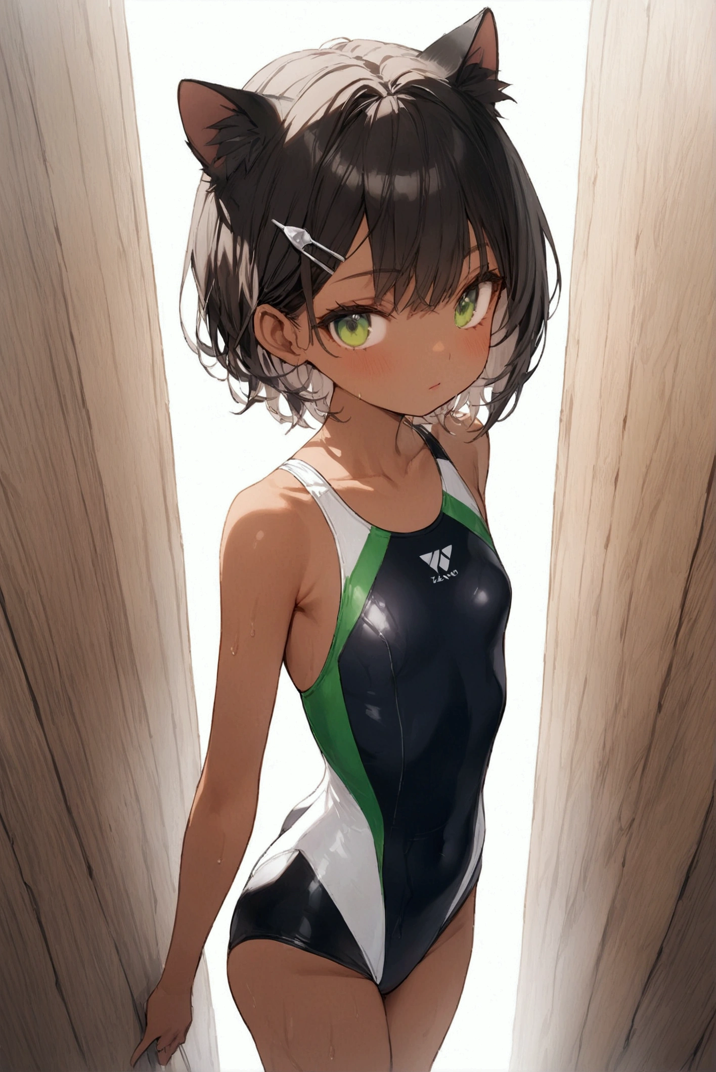 (Highest quality: 1.3), (masterpiece: 1.3), (超detailed: 1.3), (wallpaper, 1 girl, , (detailed),One elementary school girl,Swimsuit, Racing Swimwear, Competitive swimming suits,whole body,hairpin,short hair,,Cat ear,Green Eyes,short hair,, flat chest,Background wall,(dark tan skin), (dark-skinned female, tanned),hairpinクロス,Racing-style swimsuit