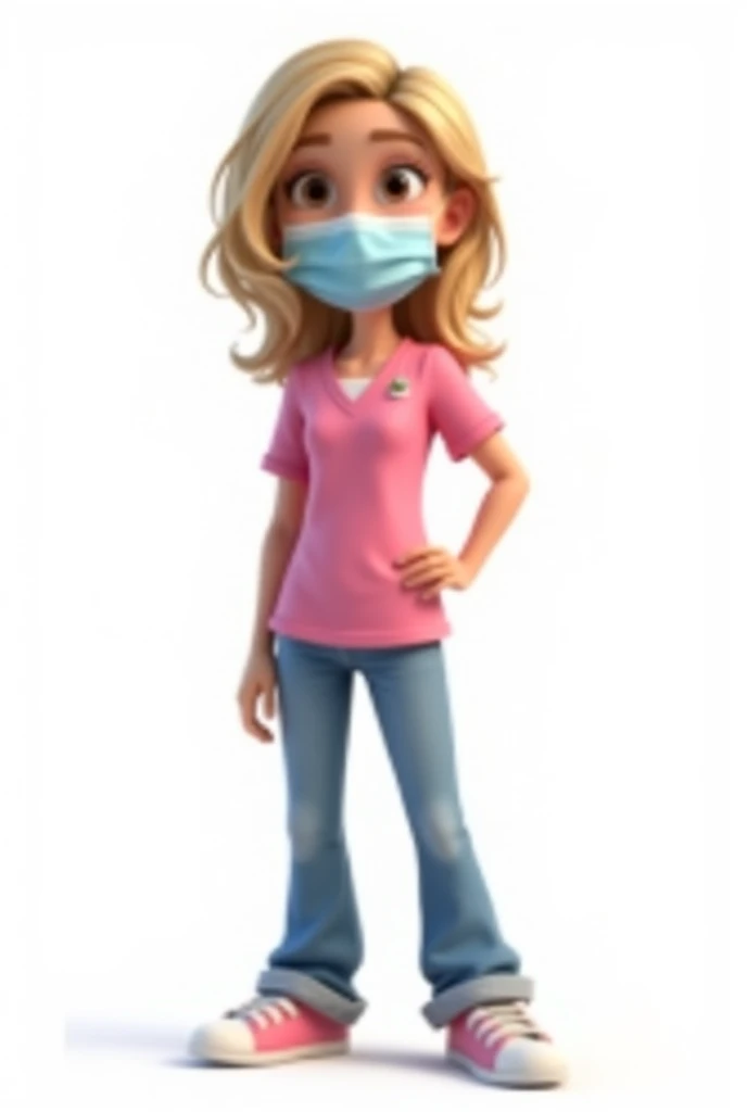 cartoon girl, fully body, wearing surgical mask, with medium blonde hair and brown eyes, cartoon art style, full body character portrait, photorealistic art style, 3d stylized, realistic art style, Stylized 3D rendering, Character wearing pink clothing and jeans, cartoon style illustration; motor 3d irreal, realistic 3 d style, Arte Disney, stylized portrait, white background, 4000x4000 image resolution