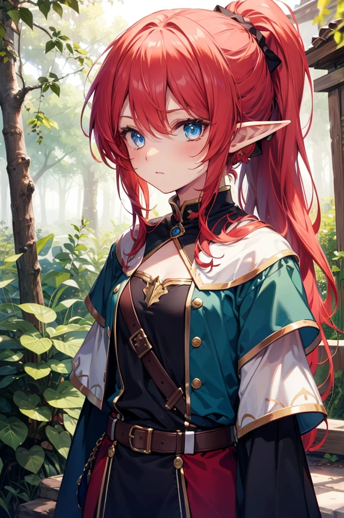 Elf , Red hair,individual, blue eyes, ponytail, pointy-eared, woods, cartoon,