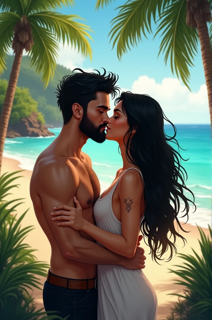 Scene of a paradise island, a couple, a man with a beard, blue eyes, black hair, a woman with long black hair, hazel eyes, matte skin, a tattoo, cuddling, kissing, father paint 