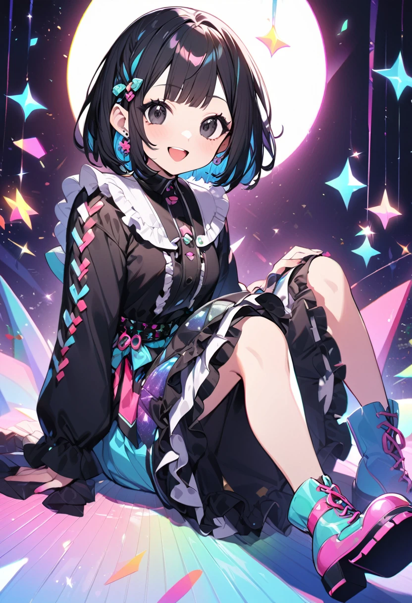 1hyper cute young girl,black short hair with (((Bob cut hairstyle with one small knot on the side))),frilly outfits and thick-soled boots,long skirt,earing,sit,open mouth smile,glitter,black eyes,full body,ultra detailed beautiful hair,