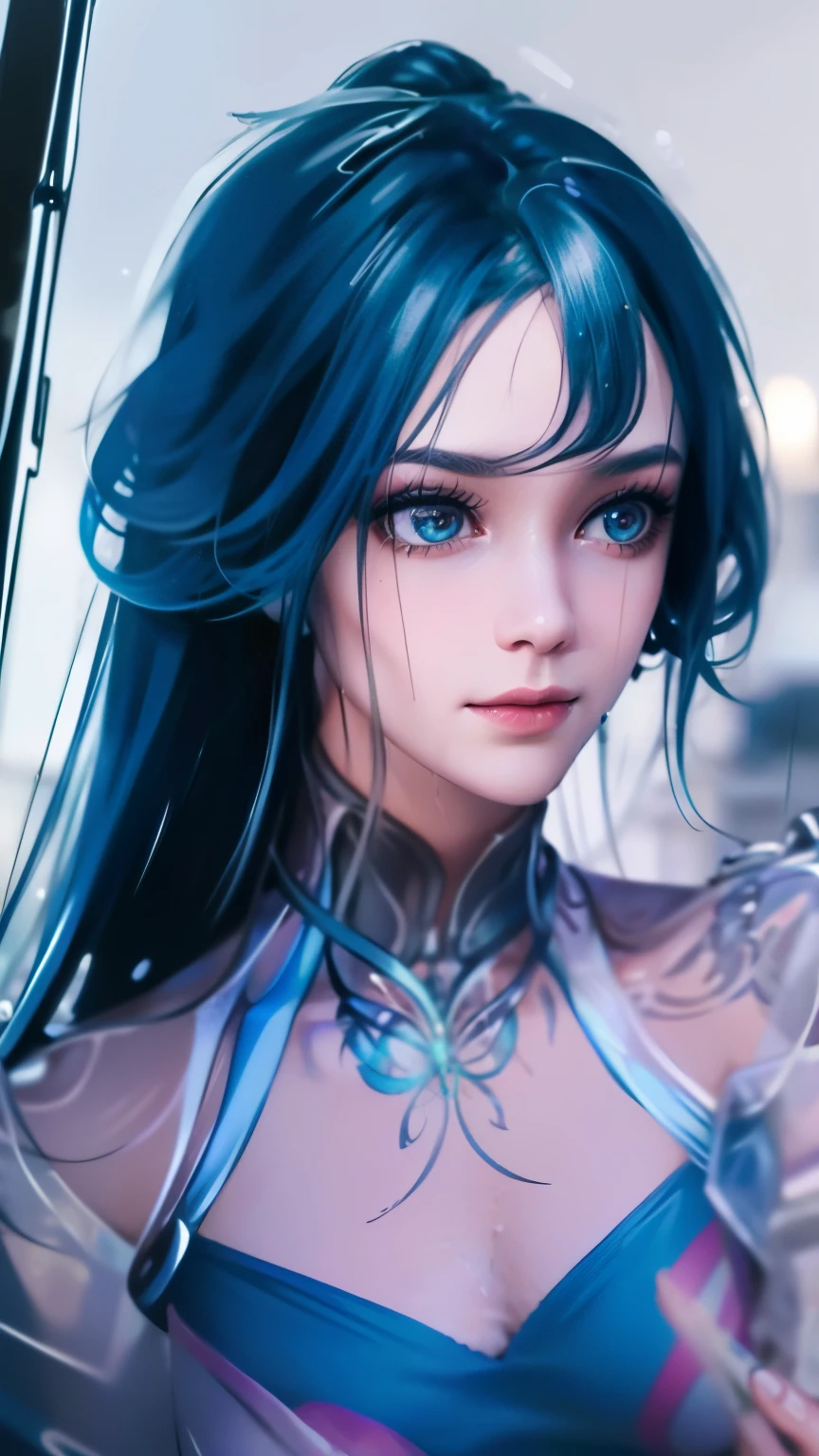Photorealistic, high resolution, (Detailed face), Blue hair, Long hair, tattoo, jewelry, (rainy wet, wet from rain, facing at the camera,