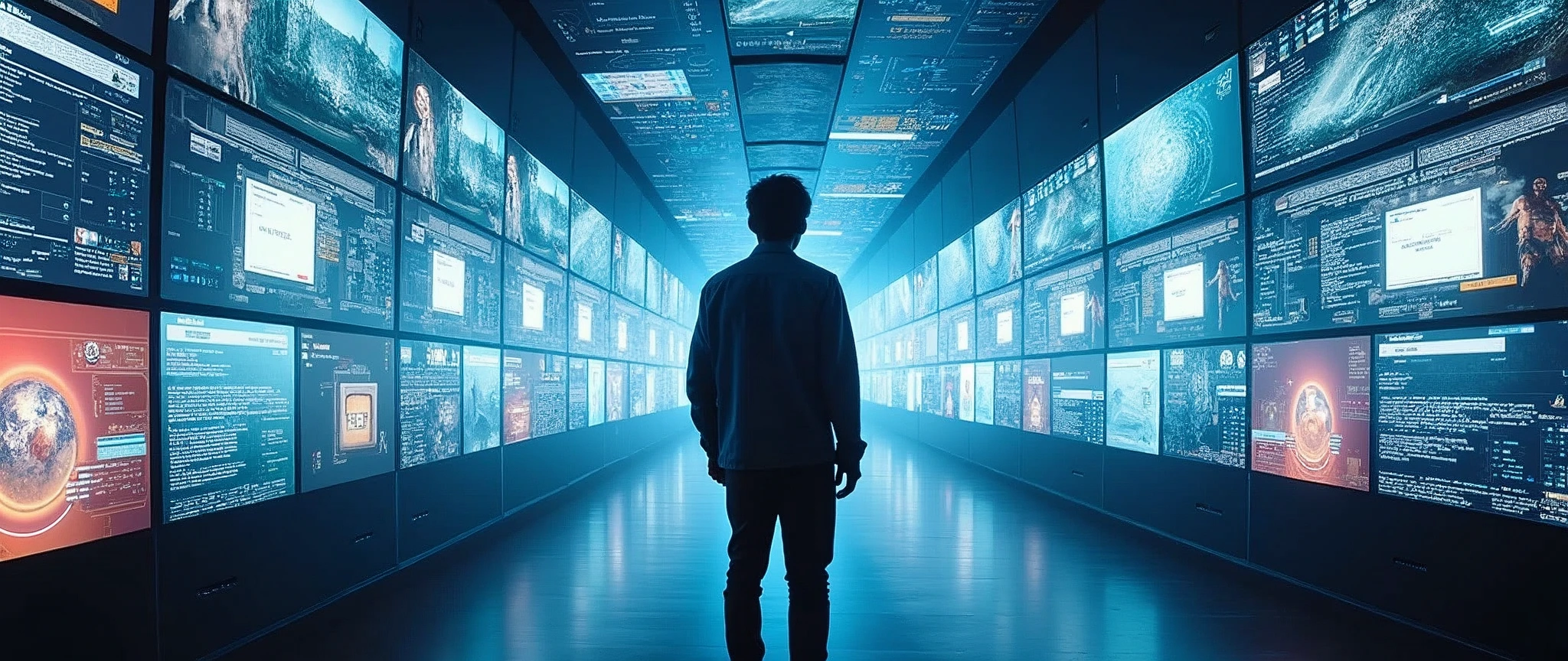 a person standing in front of a vast array of high-resolution screens, each showcasing diverse digital content from video game visuals to social media feeds, the room is sleek and futuristic, brimming with advanced technology, conveying a sense of awe and immersion in digital culture, the atmosphere is dynamic and vibrant, with a buzzing energy that reflects the intensity of modern media, lighting is bright and multi-directional, highlighting the screens and casting subtle reflections on the person’s face,