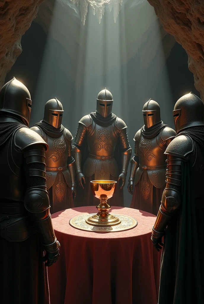 Generate a perspective image.Knights of the Round Table, during the search for the Holy Grail, medieval times, knight's attire with armor, in a secret cave with dim lights, the knights find the Grail on an altar, background with stalactites and shadows, detail plan, hyper-realistic, Photo realism, cinematography.