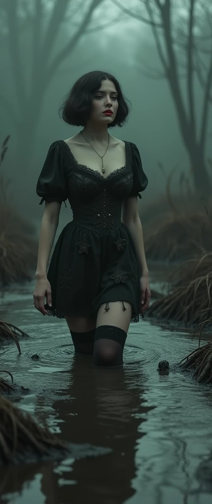 19 century setting, drama, aristocratic, stuck in bog,detailed short dress, bob-cut, stockings with garters, red lips, goth
