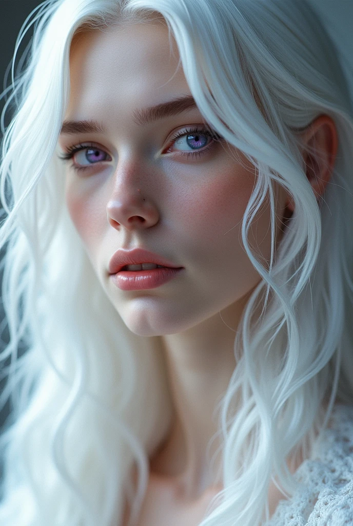 Create a beautiful model, long white hair, white eyelashes and eyebrows, purple eyes, age 20 years, French or European nationality. Make him look ahead.