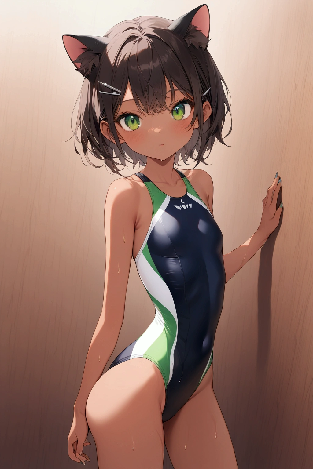 (Highest quality: 1.3), (masterpiece: 1.3), (超detailed: 1.3), (wallpaper, 1 girl, , (detailed),One elementary school girl,Swimsuit, Racing Swimwear, Competitive swimming suits,whole body,hairpin,short hair,,Cat ear,Green Eyes,short hair,, flat chest,Background wall,(dark tan skin), (dark-skinned female, tanned),hairpinクロス,Racing-style swimsuit