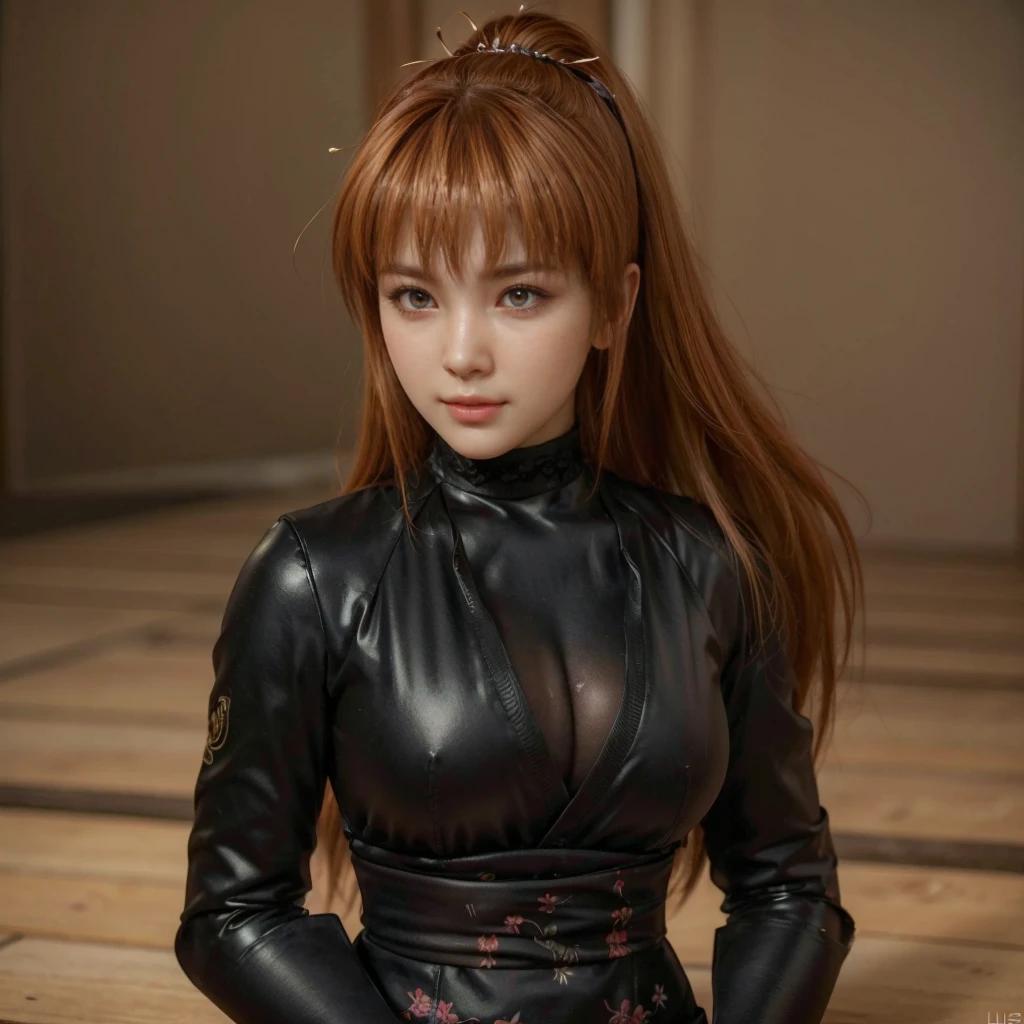 kasumi, eyes browns, (best qualityer, ultra detail), (realisitic:1.37), beautiful and detailed face, ultra-realisitic texture, Exquisite face, Delicate body, red lipgloss stick, shiny colors. High definition, 8k, expression a slight cute smile