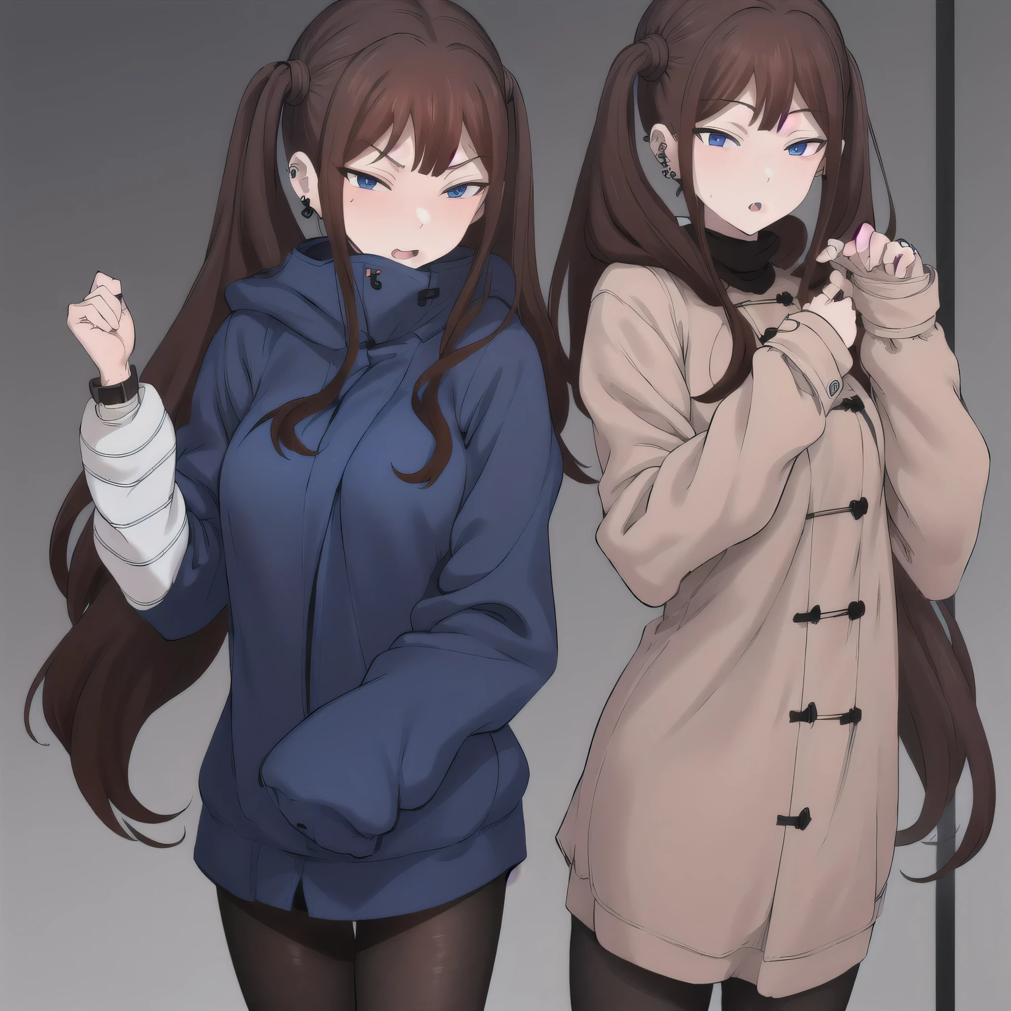 Tsubame NTR, long hair, blue eyes, brown hair, twin tails, long sleeves, jewelry, pantyhose, earrings, hood, black pantyhose, hoodie, hooded down jacket, ear piercings, watch, blue hoodie, coat, brown coat, turtleneck,