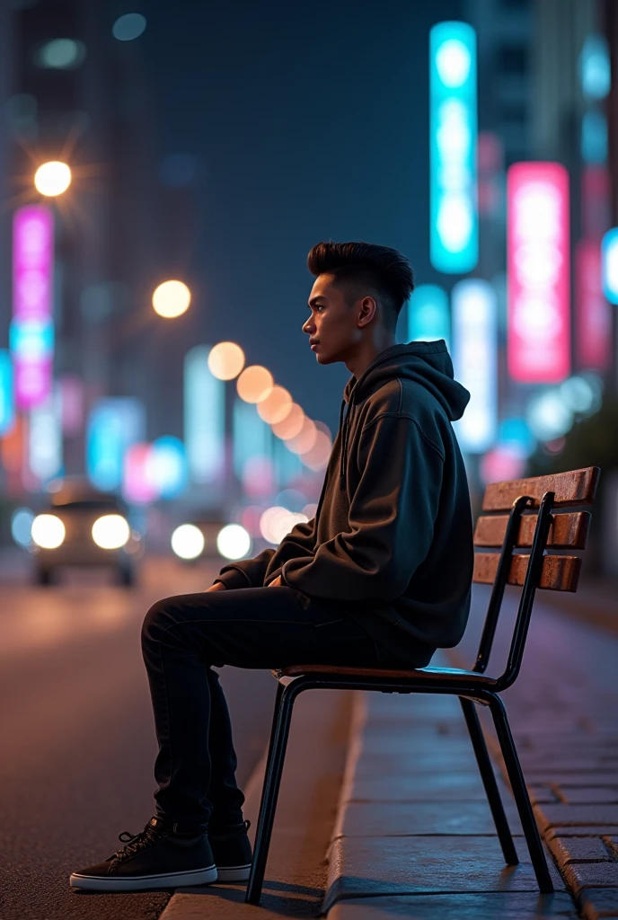 photorealism of a 16 year old Indonesian man sitting on a long chair aesthetic ,on the side of the road in a city full of night lights ,short body (short) and skinny wearing an aesthetic hoodie with black jeans and casual shoes ,hairstyle (short slicked back )