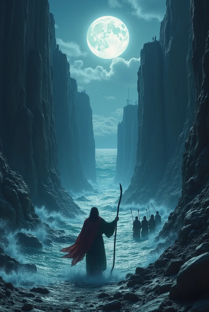 Create a highly detailed and realistic depiction of the parting of the Red Sea, as described in the Bible. The scene should be set during the night with a dramatic, moonlit sky. In the foreground, show the towering walls of water on either side, creating a narrow, dry path through the sea. The walls should be realistically textured, with visible waves and currents frozen in place, and occasional glimpses of sea creatures.In the middle of the scene, depict Moses, standing with his staff raised, leading the Israelites through the parted waters. The Israelites are dressed in period-appropriate robes and appear anxious yet determined as they make their way across. Include the Egyptian chariots and soldiers in the background, with expressions of shock and fear as they approach the parted sea. Use high-resolution details to capture the dramatic lighting, the grandeur of the scene, and the emotional intensity of the moment."