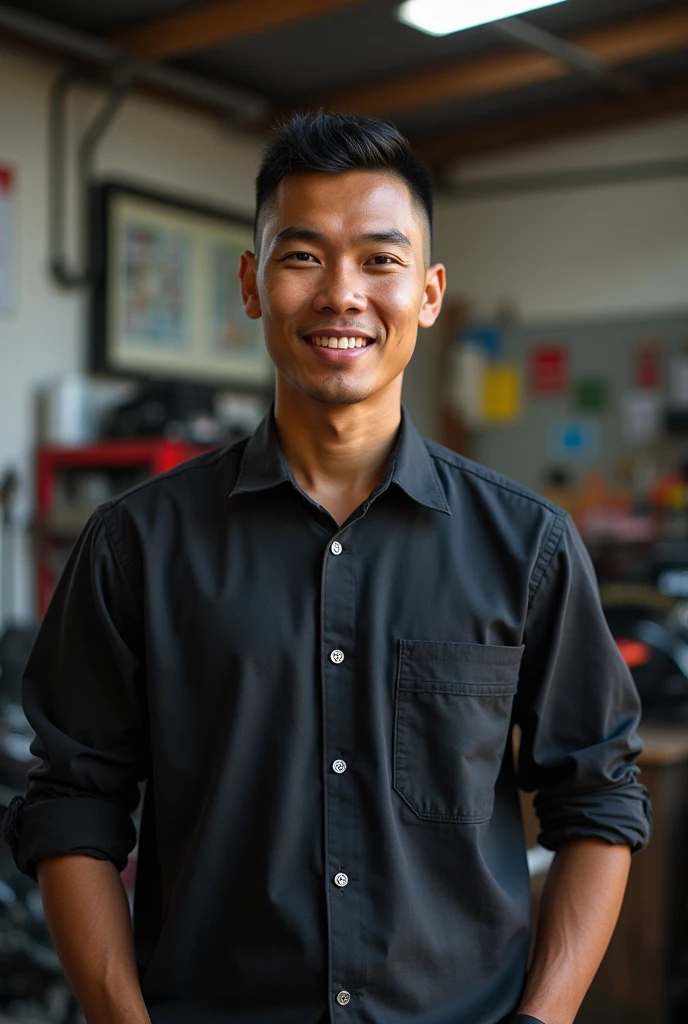 35-year-old Indonesian man, being at a motorcycle workshop, crew cut, dimples, round eyes, big belly, big nose