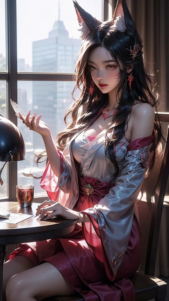 High-tech medical room,Beautiful and charming,A Japanese fox girl,long hair shawl,Doctor's attire,Hearing aid,Sitting at the table,Reviewing the resume
